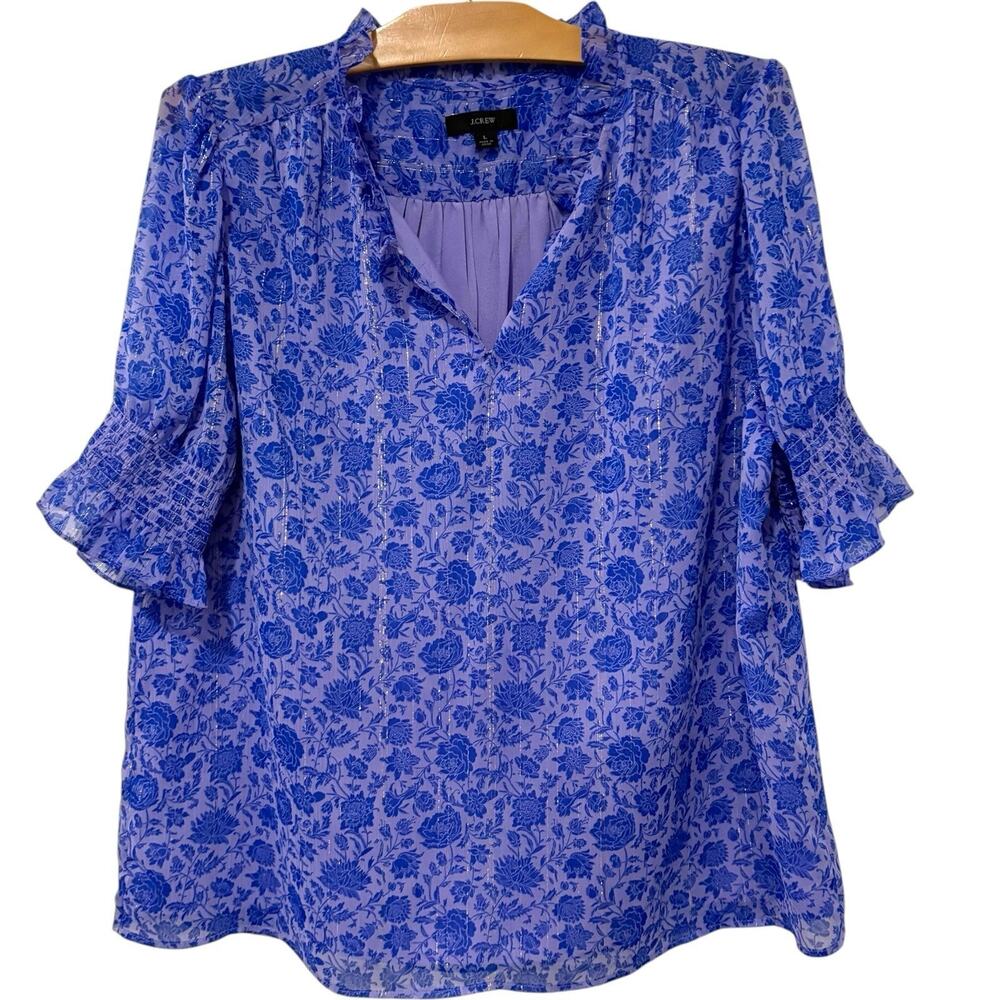 J. Crew | Shirt Floral Purple Blue Silver Short Sleeve V Neck Preppy- Large